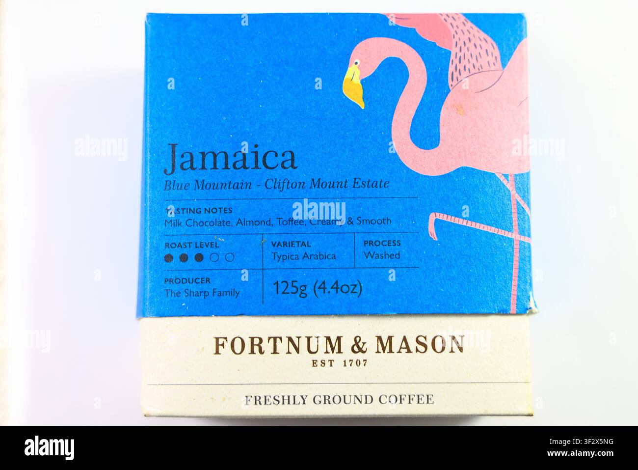 Fortnum and Mason Jamaica Blue Mountain-Clifton Estate gemahlener Kaffee. Stockfoto