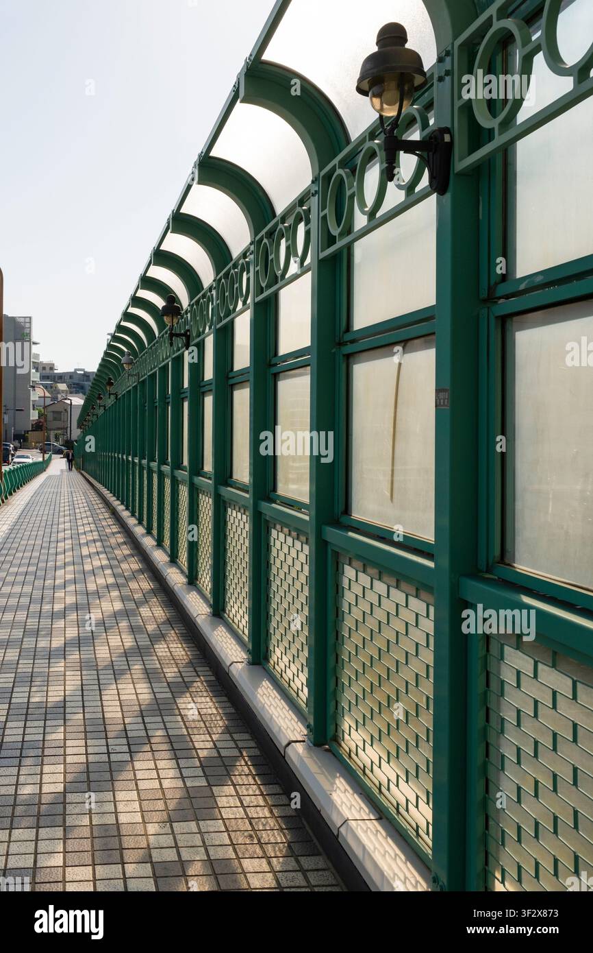 Der Gehweg in Mita, Meguro City bietet eine einzigartige Perspektive auf die städtische Landschaft Tokyos. Die Struktur weist ein gewölbtes Design mit mattierten Glasscheiben auf Stockfoto