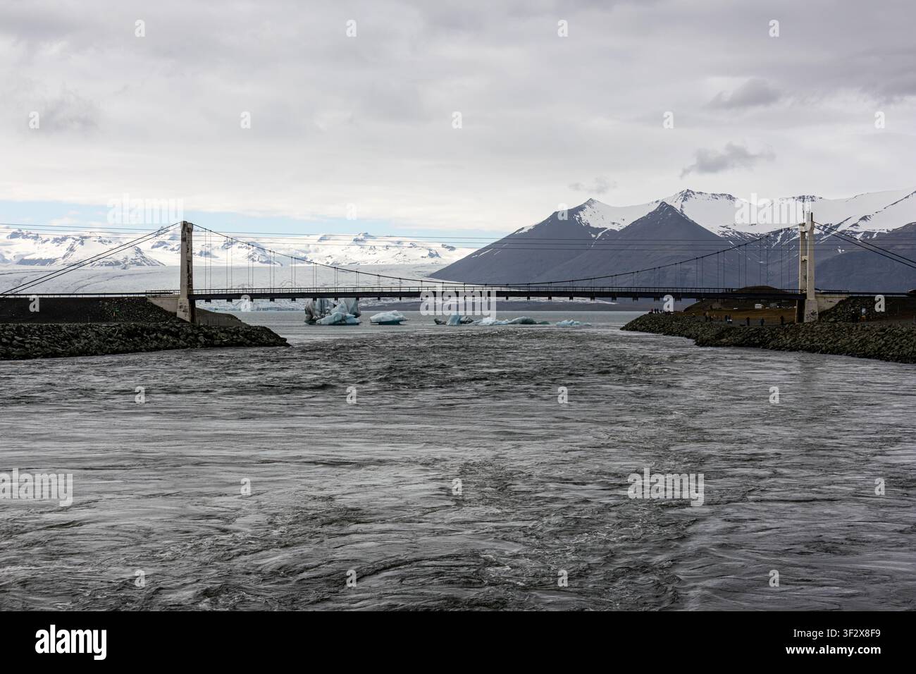 Hängebrücke über den glazialen Flussausfluss mit Eisbergen, die darunter im Jökulsárlón-Lagune in der Südregion Islands schwimmen Stockfoto