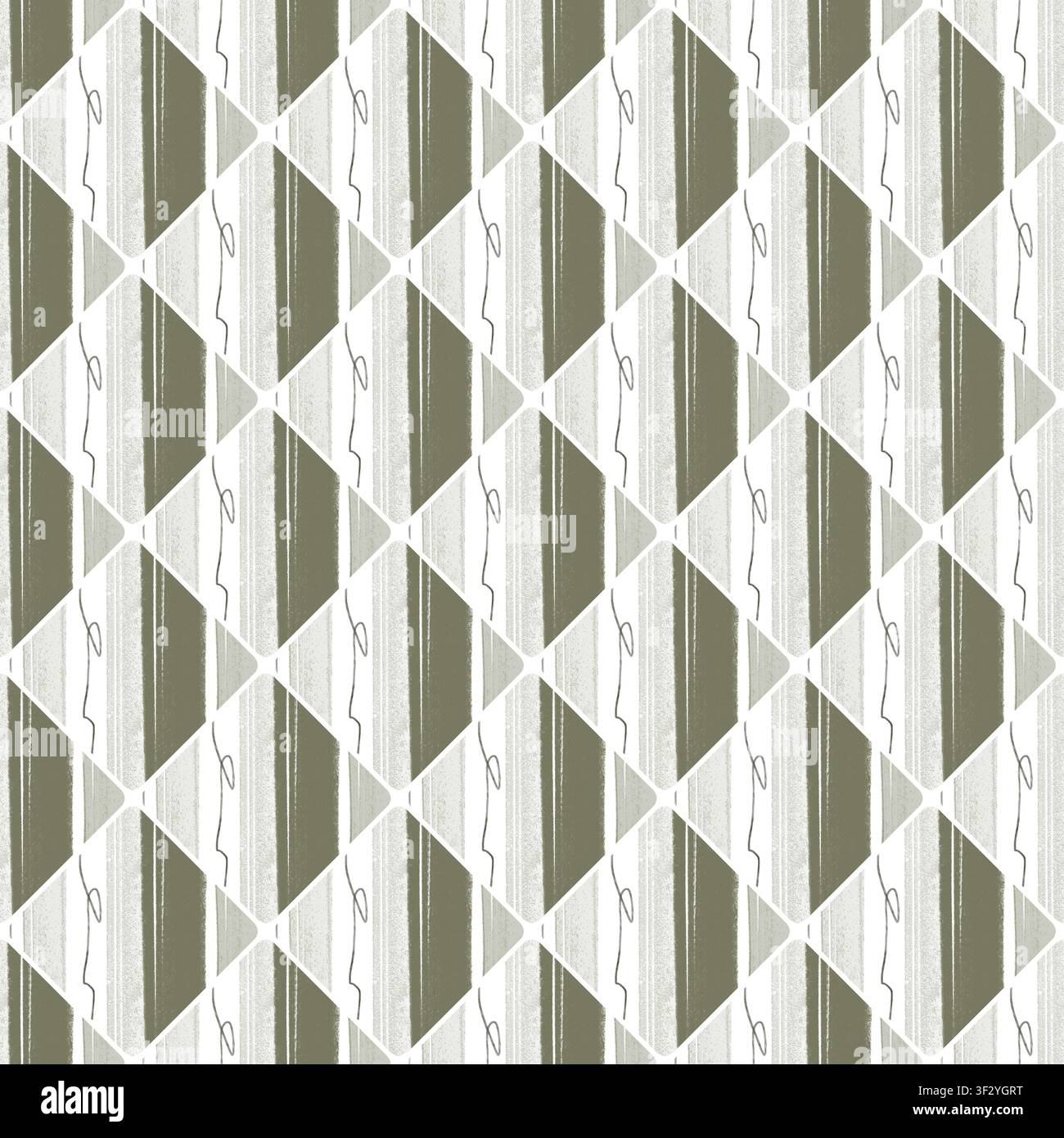 Enahtloses geometrisches Muster mit olivfarbenen und weißen Diamantformen sowie linearen Akzenten. Perfekt für Hintergründe und Textilien. Stockfoto