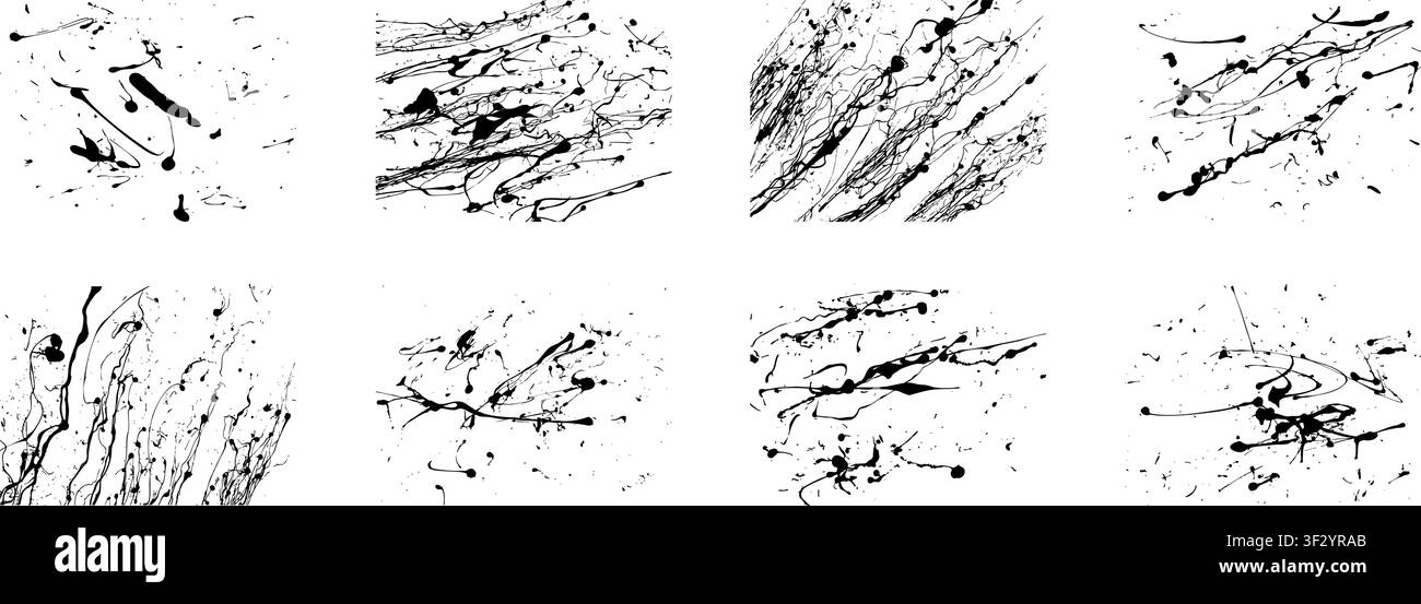 Handgezeichnetes schwarzes Vektor-Grunge-Texturenpaket isoliert auf transparentem Hintergrund. Detaillierte Farbspritzer. Grunge-Streifenmuster. Vektor-PNG Stock Vektor