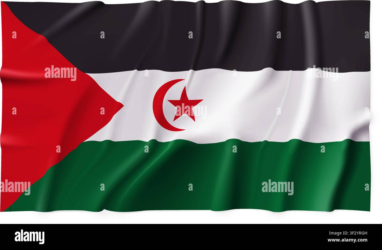 Realistische Flagge des Landes Westsahara isoliert auf transparentem Hintergrund. Seidenatlas-detaillierte Stoffflagge. Vektor-PNG Stock Vektor