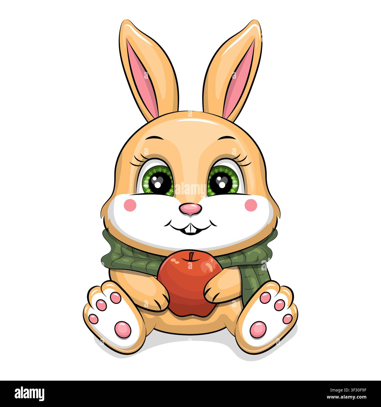 Niedliches Cartoon-Babyhase mit rotem Apfel und grünem Schal. Vektorillustration eines Tieres auf weißem Hintergrund. Stock Vektor