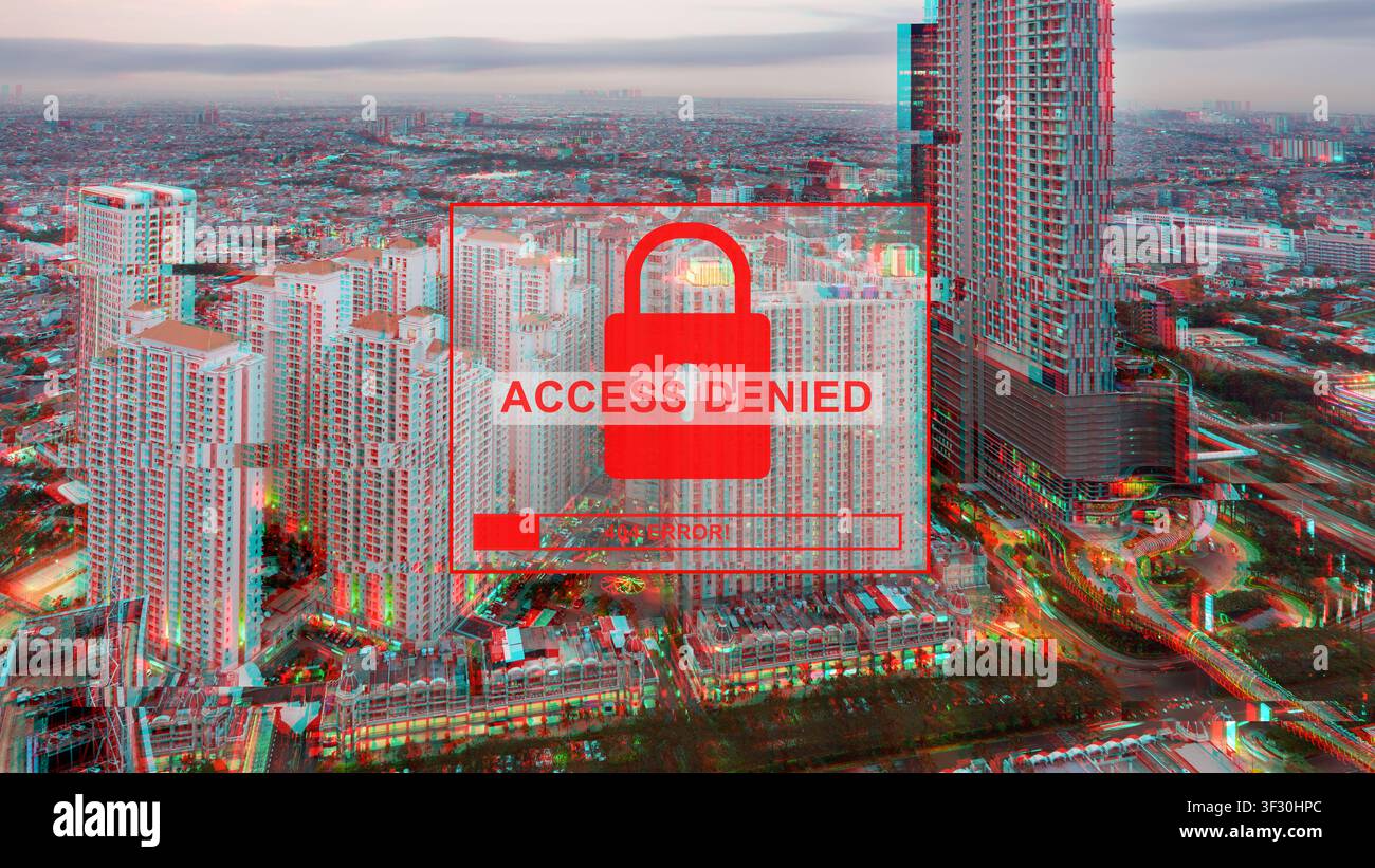 Verfälschtes städtisches Stadtbild-Hintergrund mit einer roten "Zugriff verweigert“-Meldung und einem Schlosssymbol, das Cybersicherheitsprobleme, Hacking und digitale Einschränkungen darstellt Stockfoto