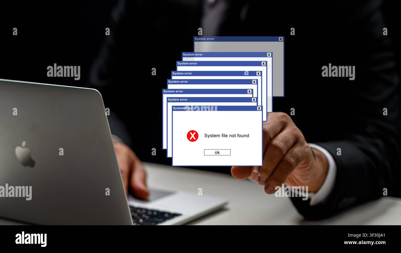 Konzeptuelles Bild eines Profis, der mehreren kaskadierenden Systemfehlerfenstern und einer Datei-nicht-gefunden-Meldung gegenübersteht, was Cybersicherheitsbedrohungen darstellt, da Stockfoto