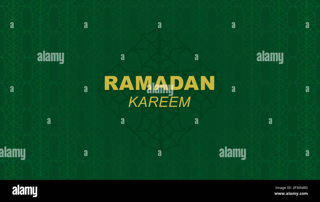 Eleganter grüner Hintergrund mit subtilen islamischen geometrischen Mustern und einem zentralen goldenen Ramadan Kareem-Gruß. Perfekt für Eid fitr und Ramadan gr Stockfoto