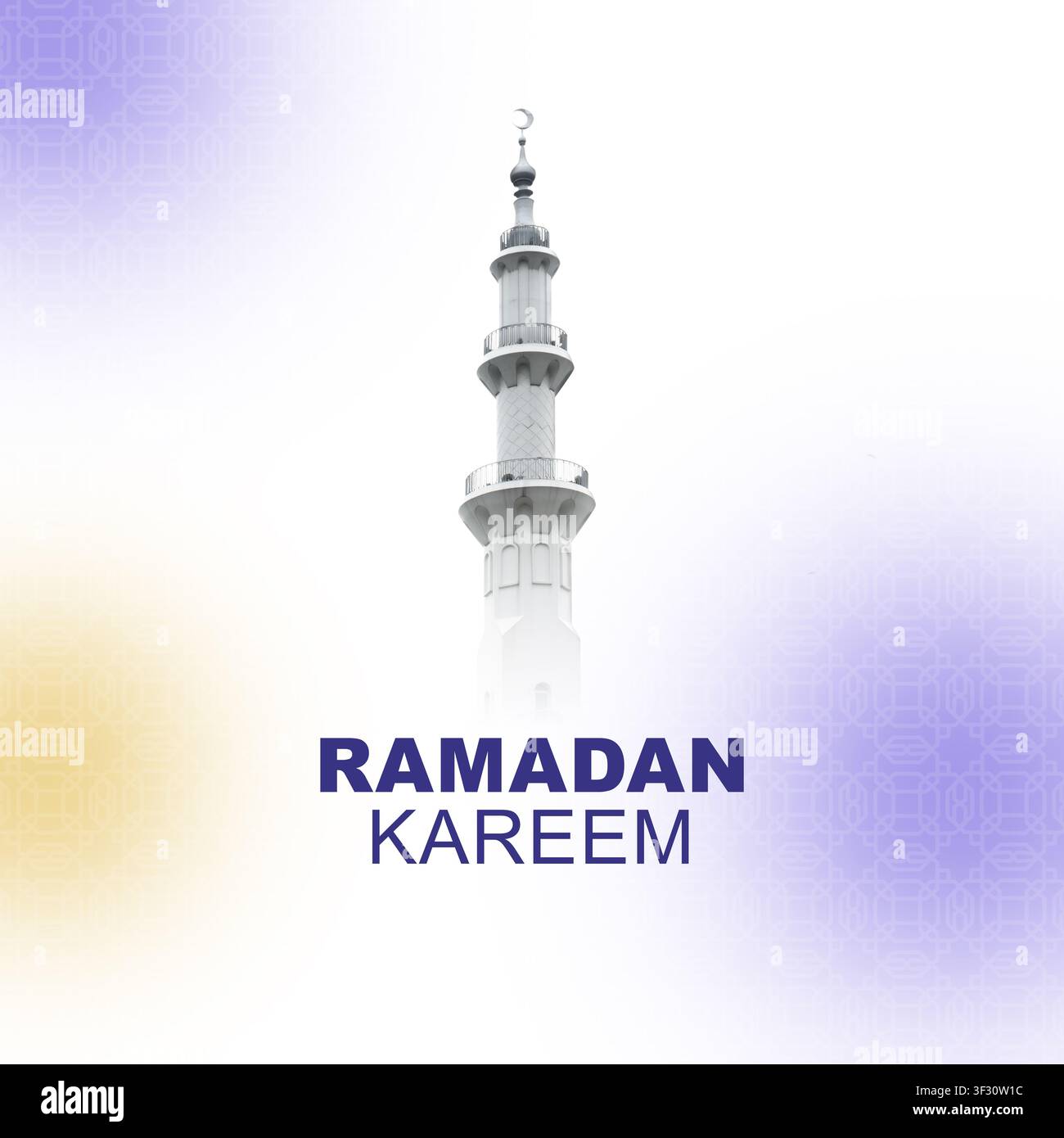 Ein minimalistisches und elegantes Ramadan-Kareem-Design mit einem weißen Minarett einer Moschee vor einem weichen lila und gelben Hintergrund mit subtilen islamischen geometrischen Mustern Stockfoto
