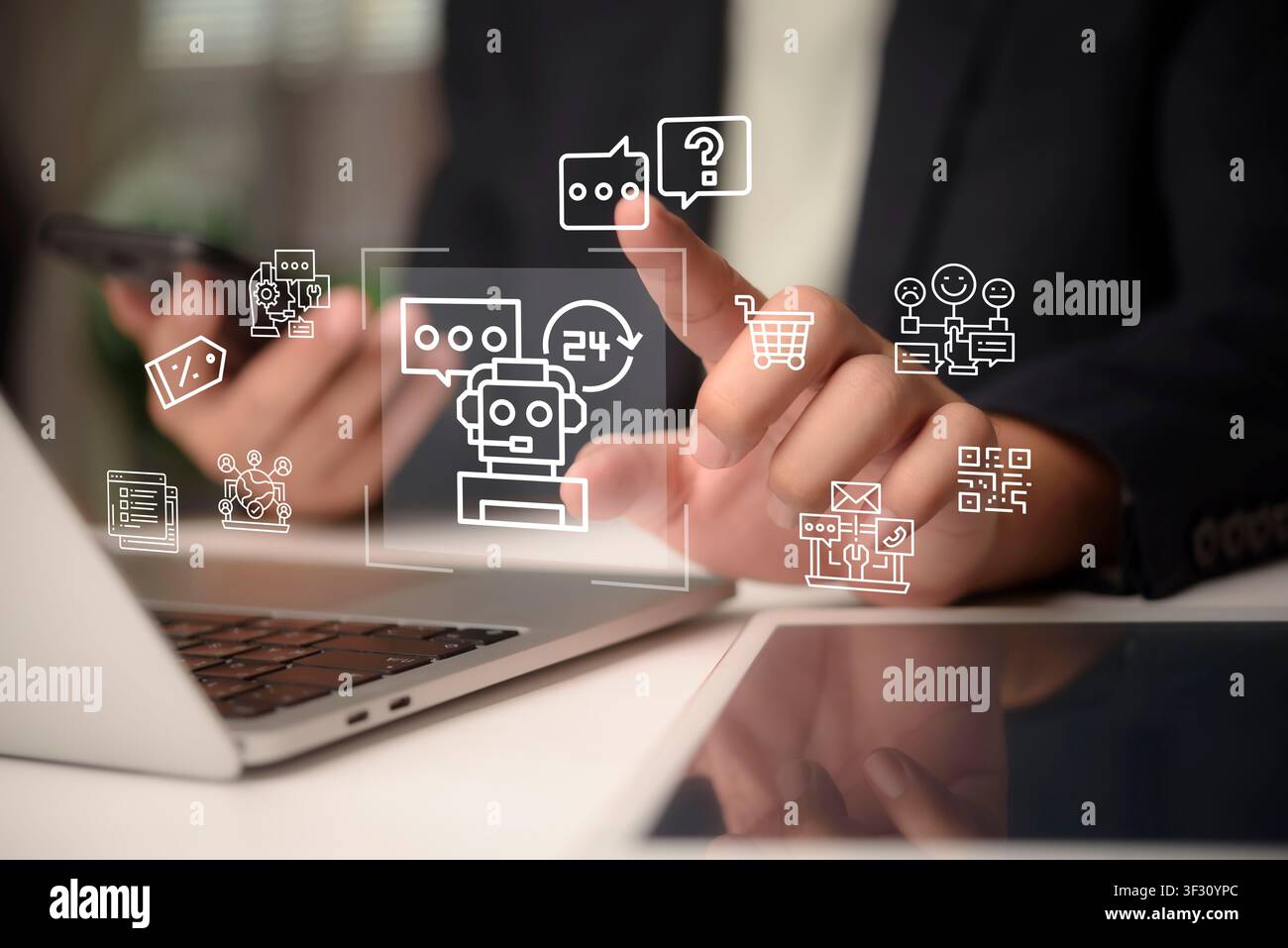 Geschäftsmann berührt virtuelle Schnittstelle mit KI-Chatbot-Symbol. Konzept der künstlichen Intelligenz für Kundenservice-Support, automatisierte Kommunikation, Stockfoto