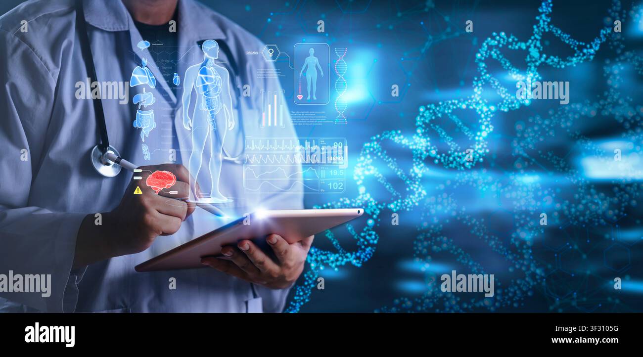 Doktor verwendet ein Tablet mit Stift, um die DNA-Doppelhelix-Struktur und das Hologramm der menschlichen Anatomie zu analysieren. Konzept der Gentechnik, genomischen Medizin res Stockfoto