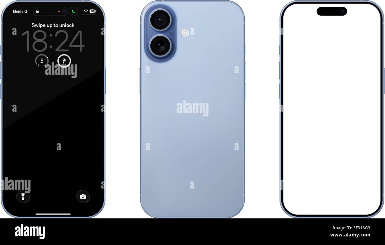 Detailliertes blaues Handy-Modell. Vorder- und Rückansicht isoliert auf transparentem Hintergrund. Vektor-PNG Stock Vektor