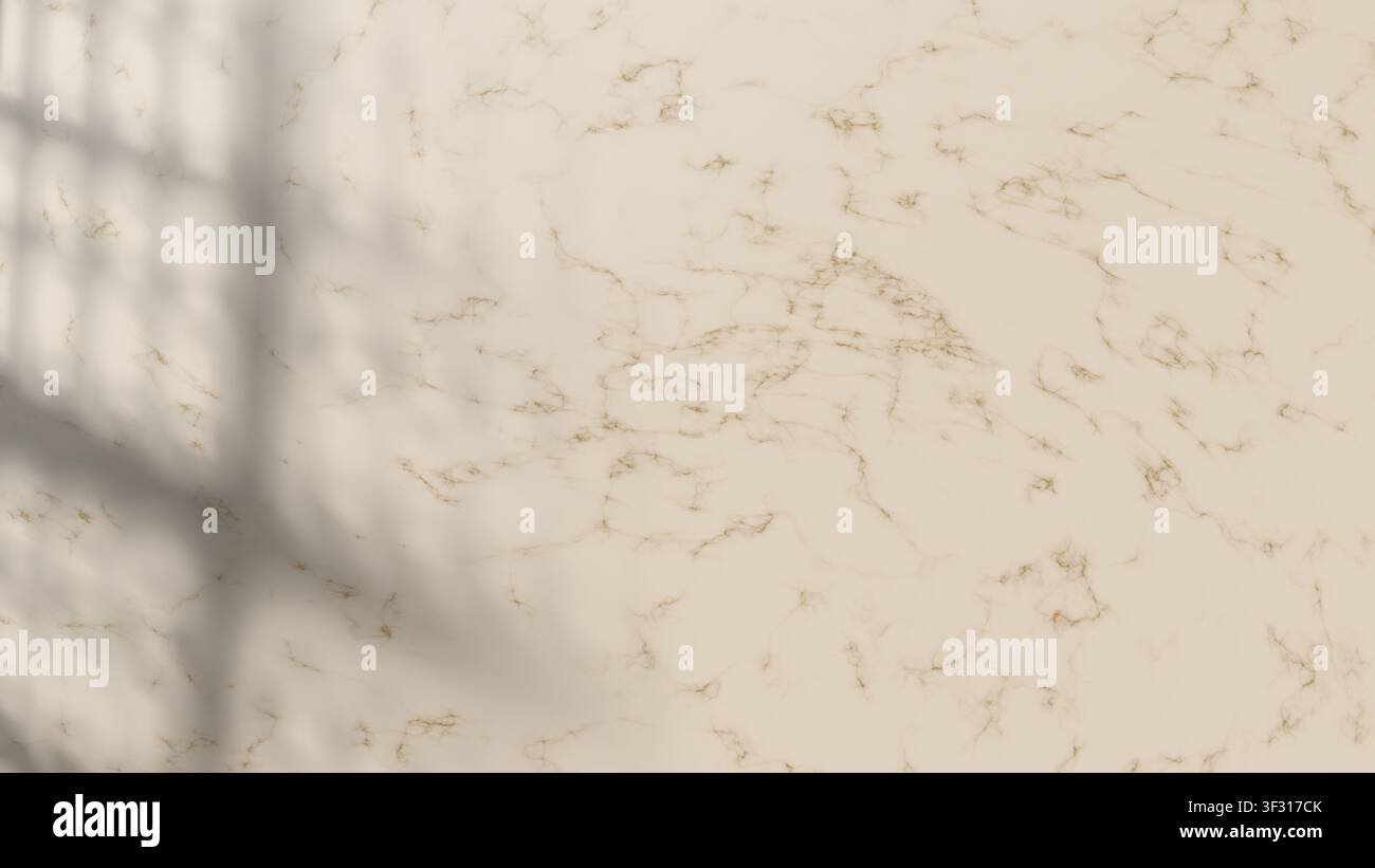 Ein luxuriöser cremefarbener Marmorhintergrund mit zarten Goldadern und einem weichen, diffuses Schatten eines Fensterrahmens, perfekt für elegante Design-Hintergründe Stockfoto