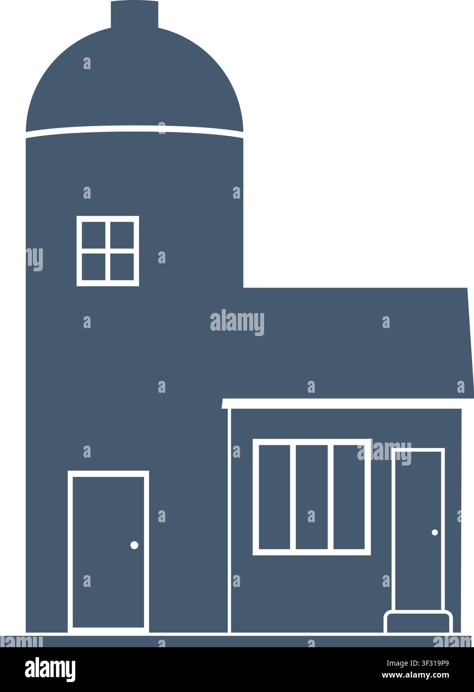 Minimale Illustration eines blauen architektonischen Gebäudes mit einer abgerundeten Kuppeldach hohen Wänden einer Eingangstür und rechteckigen Fenstern Stock Vektor