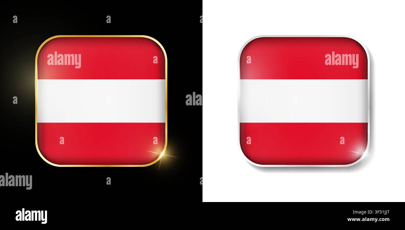 Österreich-Flagge glänzende goldene und silberne Symbole isoliert auf Schwarz und Weiß. Vektor 3D quadratische abgerundete beleuchtete Schaltflächen mit Schatten. Verwendung für Wetten, Turniere Stock Vektor