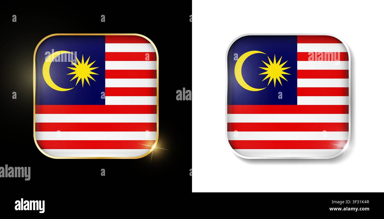 Malaysia-Flagge glänzende goldene und silberne Symbole isoliert auf Schwarz und Weiß. Vektor-3D-quadratische abgerundete beleuchtete Schaltflächen mit Schatten. Verwendung für Wetten, Turn Stock Vektor