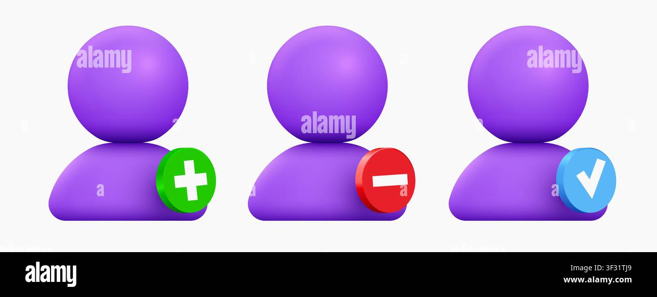 3D-Benutzerprofil-Symbol-Set mit Hinzufügen-, Entfernen- und Prüfsymbolen für Interface-Design. Vektorillustration Stock Vektor