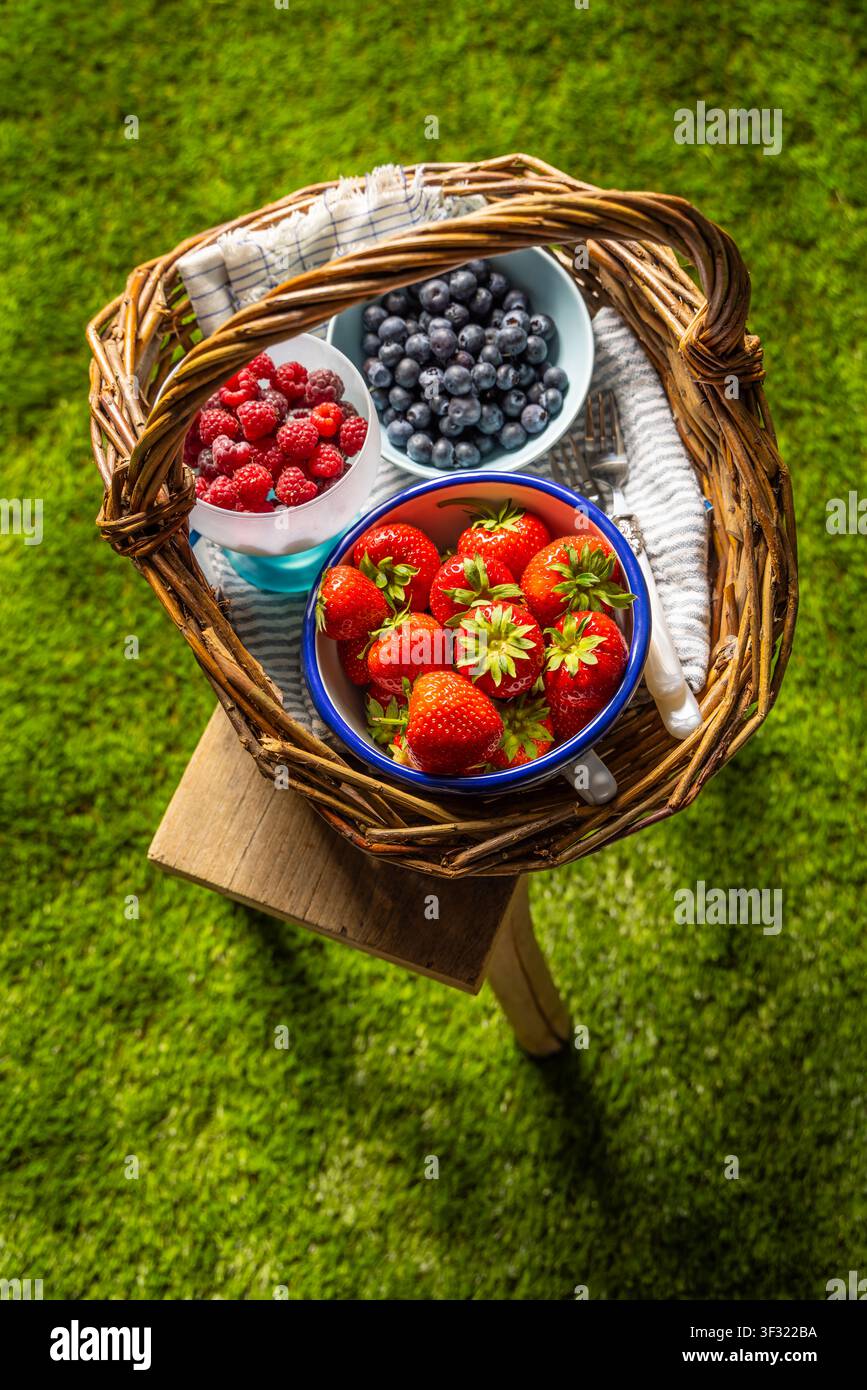 Korb aus Weidengeflecht, gefüllt mit frischen Erdbeeren, Himbeeren und Blaubeeren auf einem Holzstuhl Stockfoto