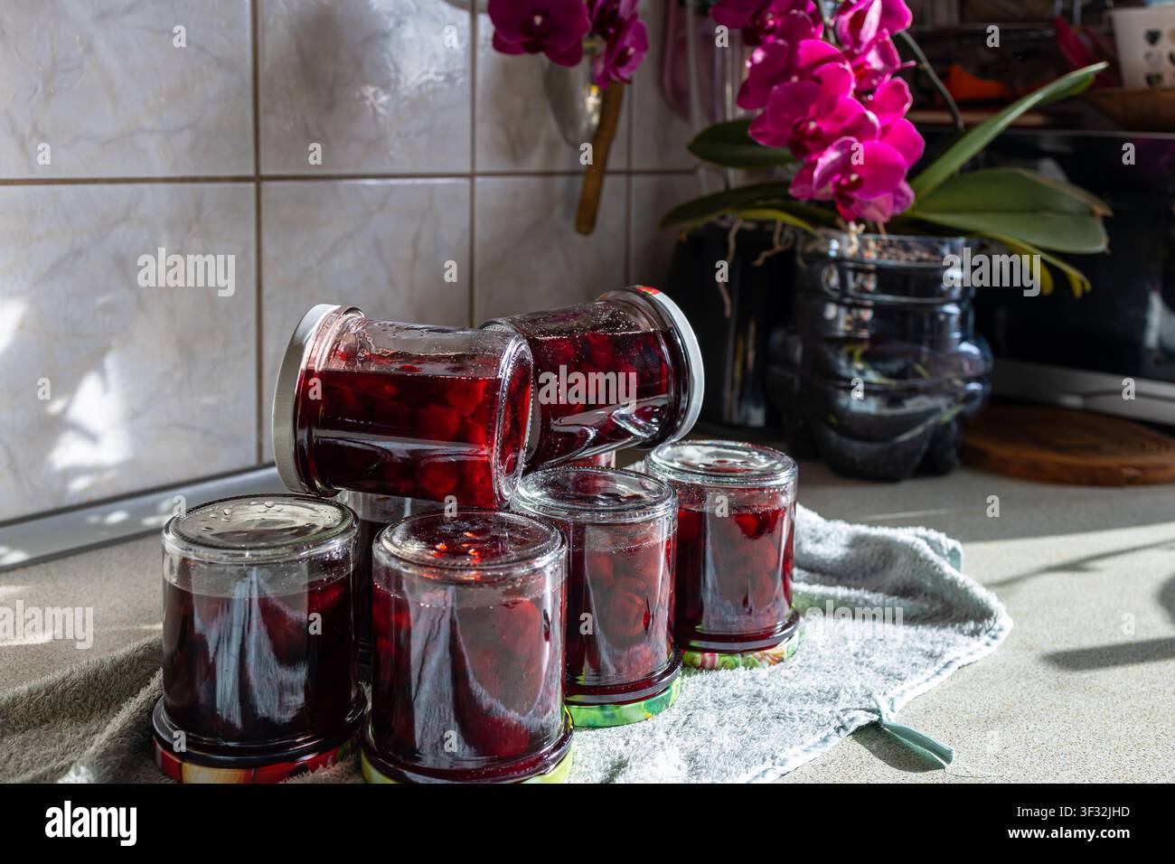 Gemütliche Küchenkomposition mit dunkelroter Kirschmarmelade in Gläsern, frischen Blumen und rustikaler Einrichtung für hausgemachte süße Beerenkonfitüre Stockfoto
