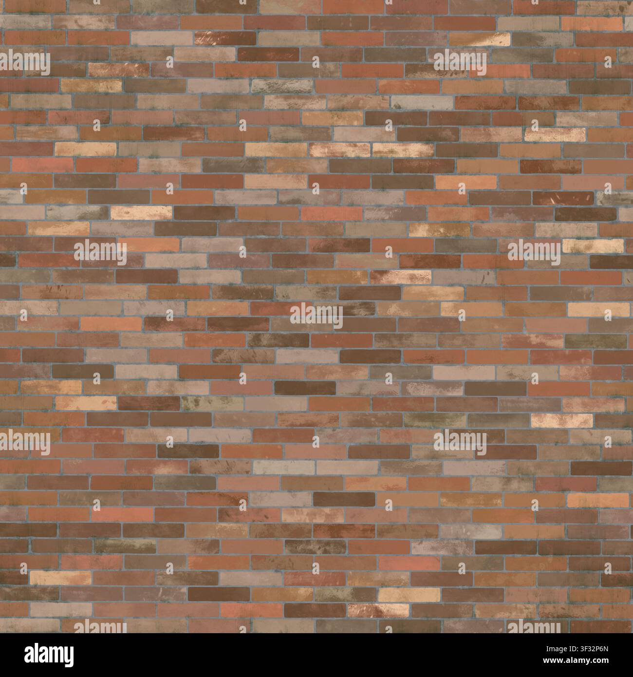 Eine Nahaufnahme einer alten, verwitterten Ziegelwand mit mehreren Farben und Texturen. Stockfoto
