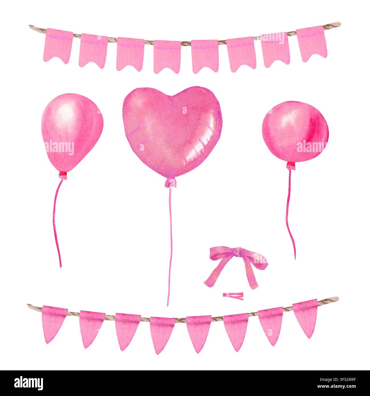 Ein Satz Girlanden aus dreieckigen und traditionellen Flaggen, Luftballons, Herzen und einer Schleife in Rosa, handgemalt mit Wasserfarben auf einem isolierten Hintergrund. Ich Stockfoto