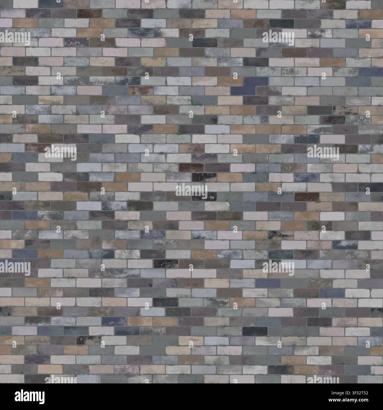 Eine nahtlose Textur einer Ziegelwand mit einer Mischung aus gedeckten, mehrfarbigen Ziegeln für einen abwechslungsreichen Oberflächenlook. Stockfoto