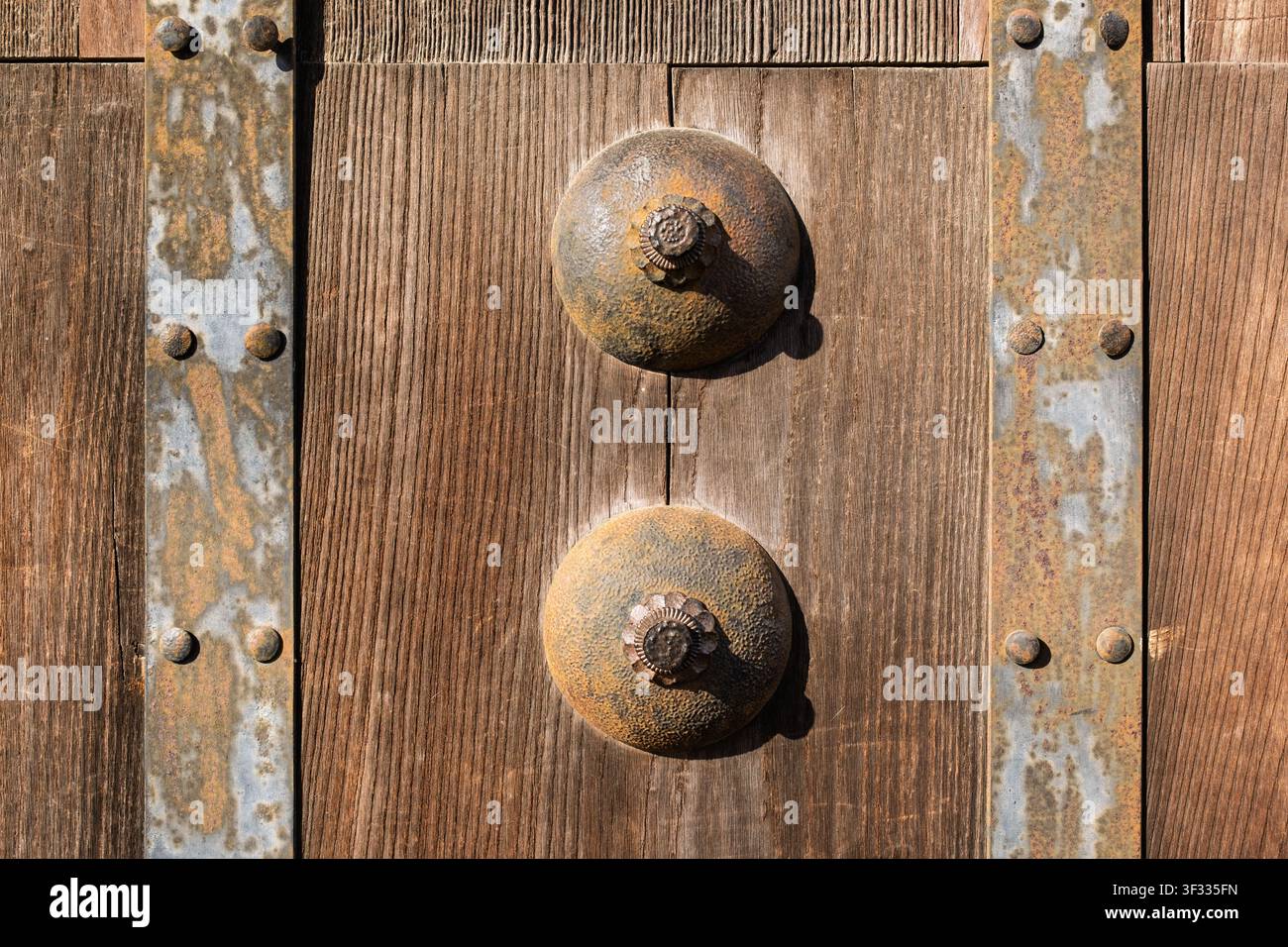 Symmetrische Nahaufnahme der Vorderseite großer abgerundeter Messingtürnägel auf verwitterten vertikalen Holzplanken, Himeji-Schloss, Japan. Stockfoto