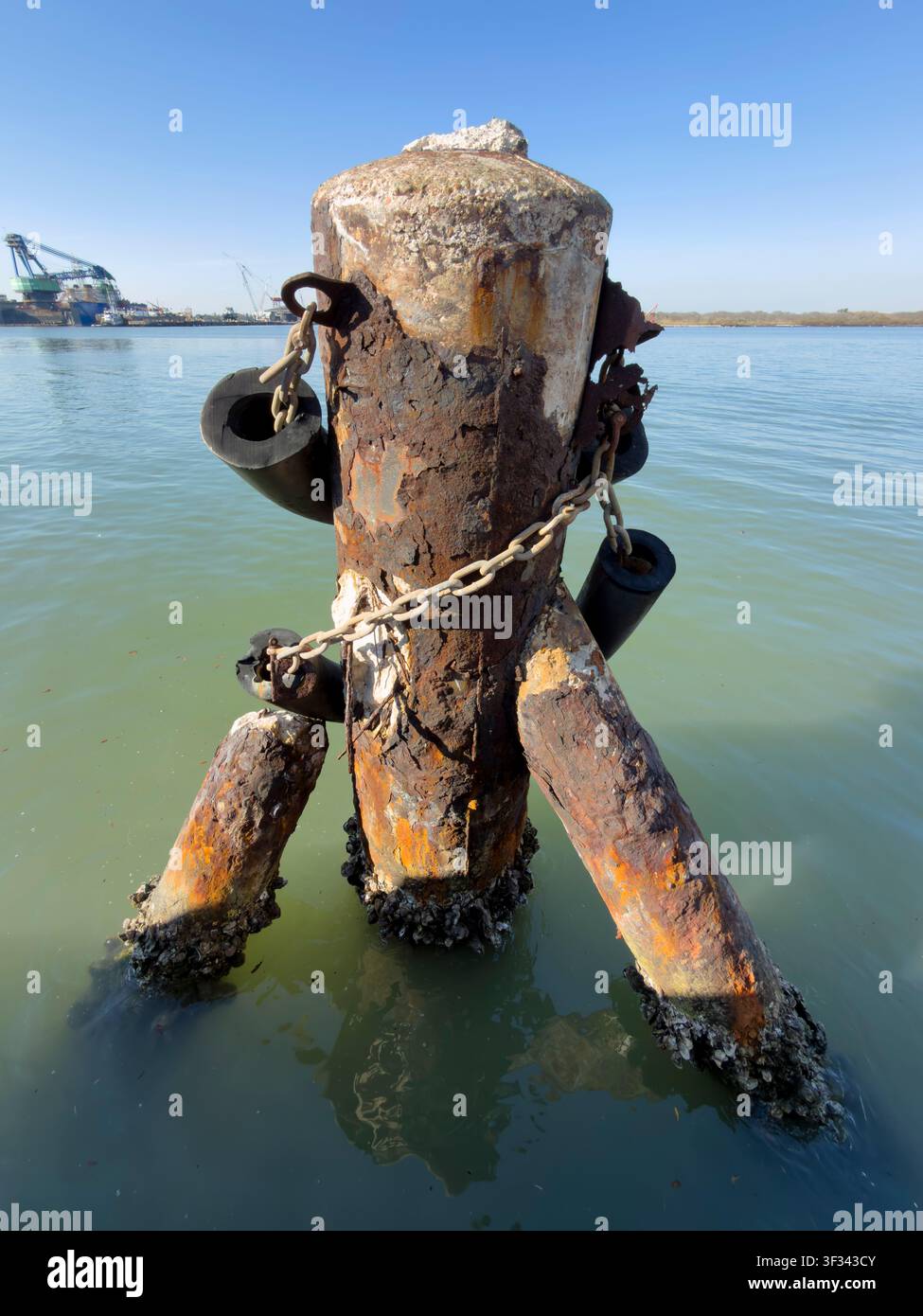 Eine Nahaufnahme eines stark verrosteten Ankerpollers mit Ketten und Schutzkissen, der in ruhigem Hafenwasser steht. Das Bild betont Korrosion Stockfoto
