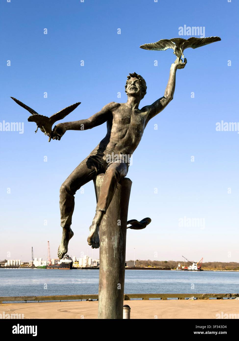 Eine Bodennahaufnahme einer Bronzestatue, die eine Figur darstellt, die Vögel hält und auf ein Ufer überblickt. Die Skulptur ist vor einem klaren blauen H Stockfoto