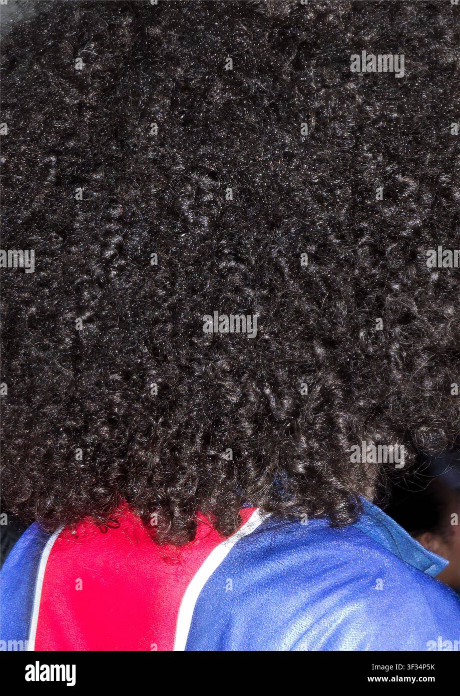 Rückansicht-Porträt von Kopf und Schultern eines Mannes mit eng gelocktem Haar Stockfoto