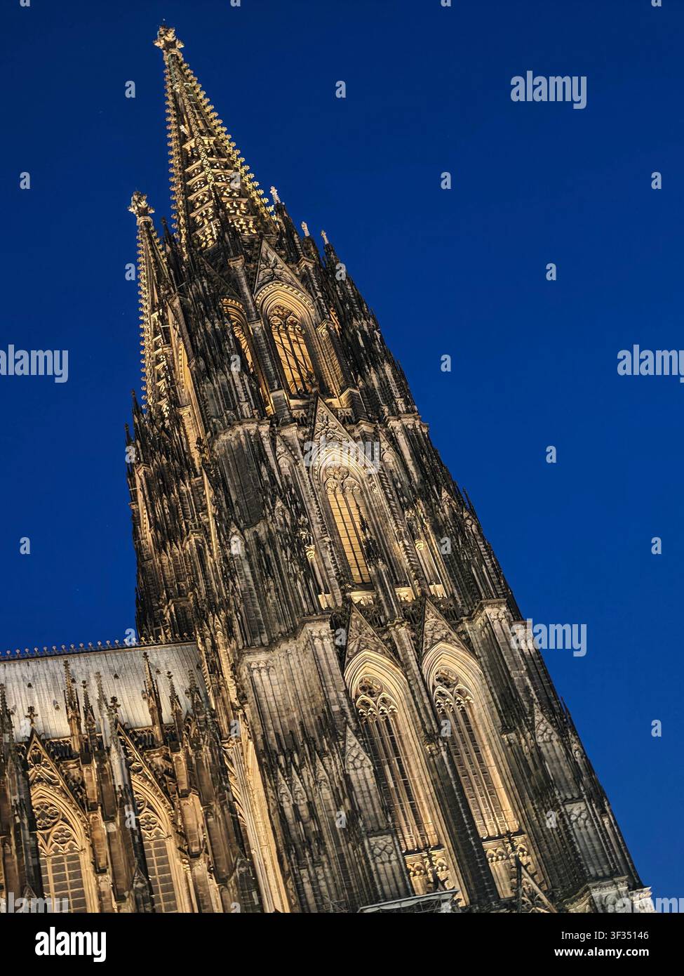 Erleuchteter Kölner Dom in der Blauen Stunde, von unten gegen einen tiefblauen Abendhimmel in Köln, Deutschland, gesehen. Stockfoto