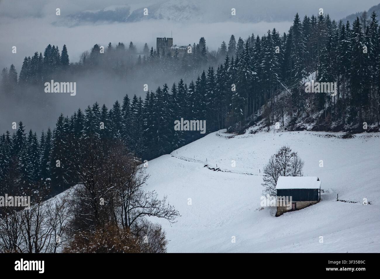 Schneeszene mit einem Chalet oder einer Alphütte und dem Itter Schloss im Hintergrund Stockfoto