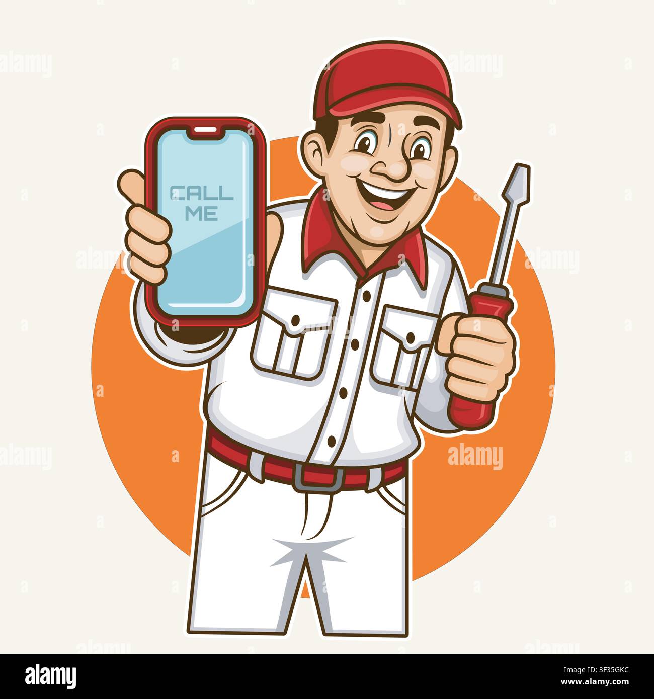 Cartoonfigur eines männlichen Technikers in einem Arbeitsanzug, der ein Smartphone und einen Schraubenzieher hält, perfekt für Reparaturdienst-Markenbildung, Maskottchen-Design Stock Vektor