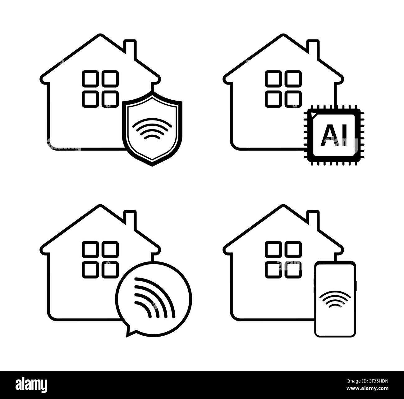 Smarthome-System-Symbole, die Automatisierungsverbindung und Sicherheit veranschaulichen Stock Vektor
