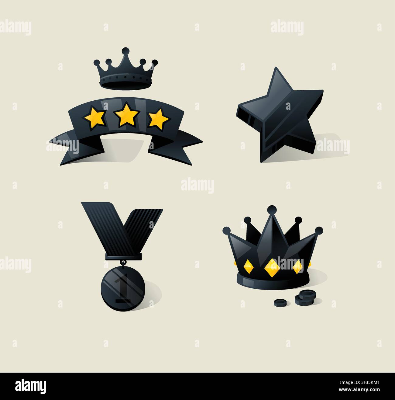 Premium schwarze Auszeichnungselemente-Set inklusive einer Krone, einem Band mit Sternen, einer Medaille und einem 3D-Stern. Konzept für Luxusstatus, VIP-Mitgliedsbelohnung, hohe Qualität Stock Vektor