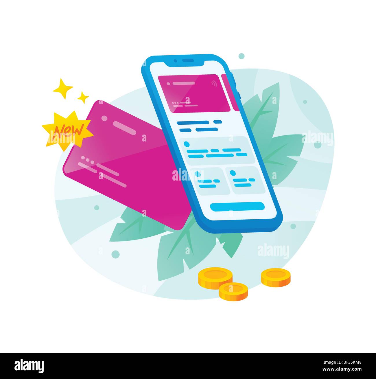 Smartphone-App mit neuer kontaktloser Kreditkarte und Münzen. Konzept für mobile digitale Zahlungen, Finanztechnologie, bargeldlose Geldüberweisung und elec Stock Vektor