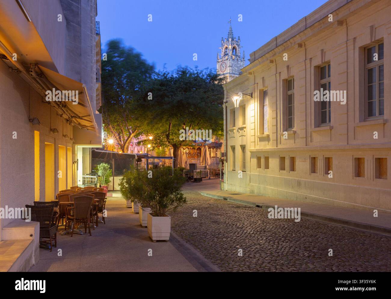 Morgendlicher Blick auf eine ruhige Kopfsteinpflasterstraße, die auf den Uhrturm im historischen Zentrum von Avignon, Provence, Frankreich, zuführt. Stockfoto