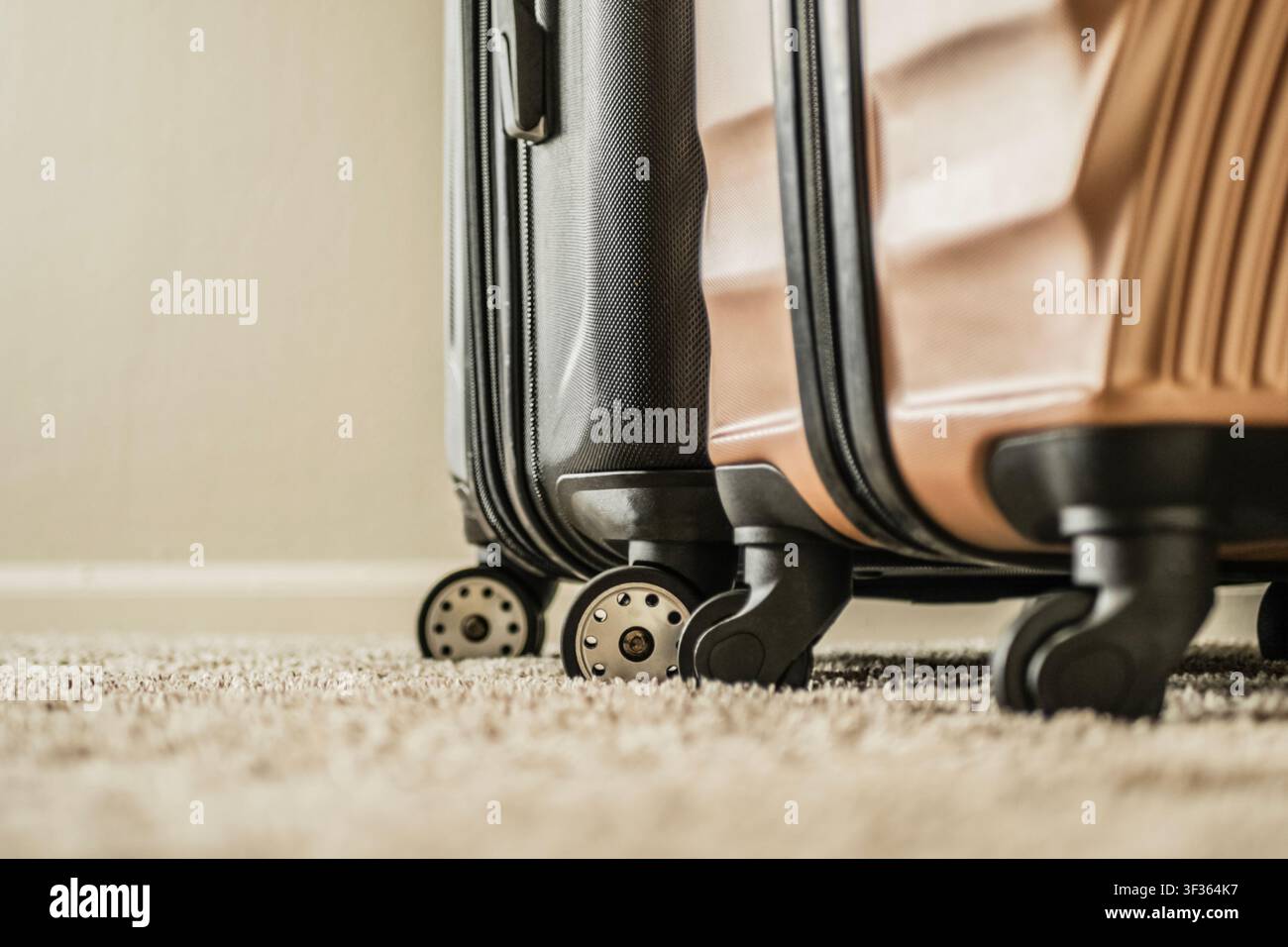 Niedriger Nahaufnahmeblick auf die doppelten Spinnräder zweier moderner Hartschalenkoffer, die auf einem strukturierten beigen Teppich stehen. Konzept von Packen, Reisevorbereitung Stockfoto