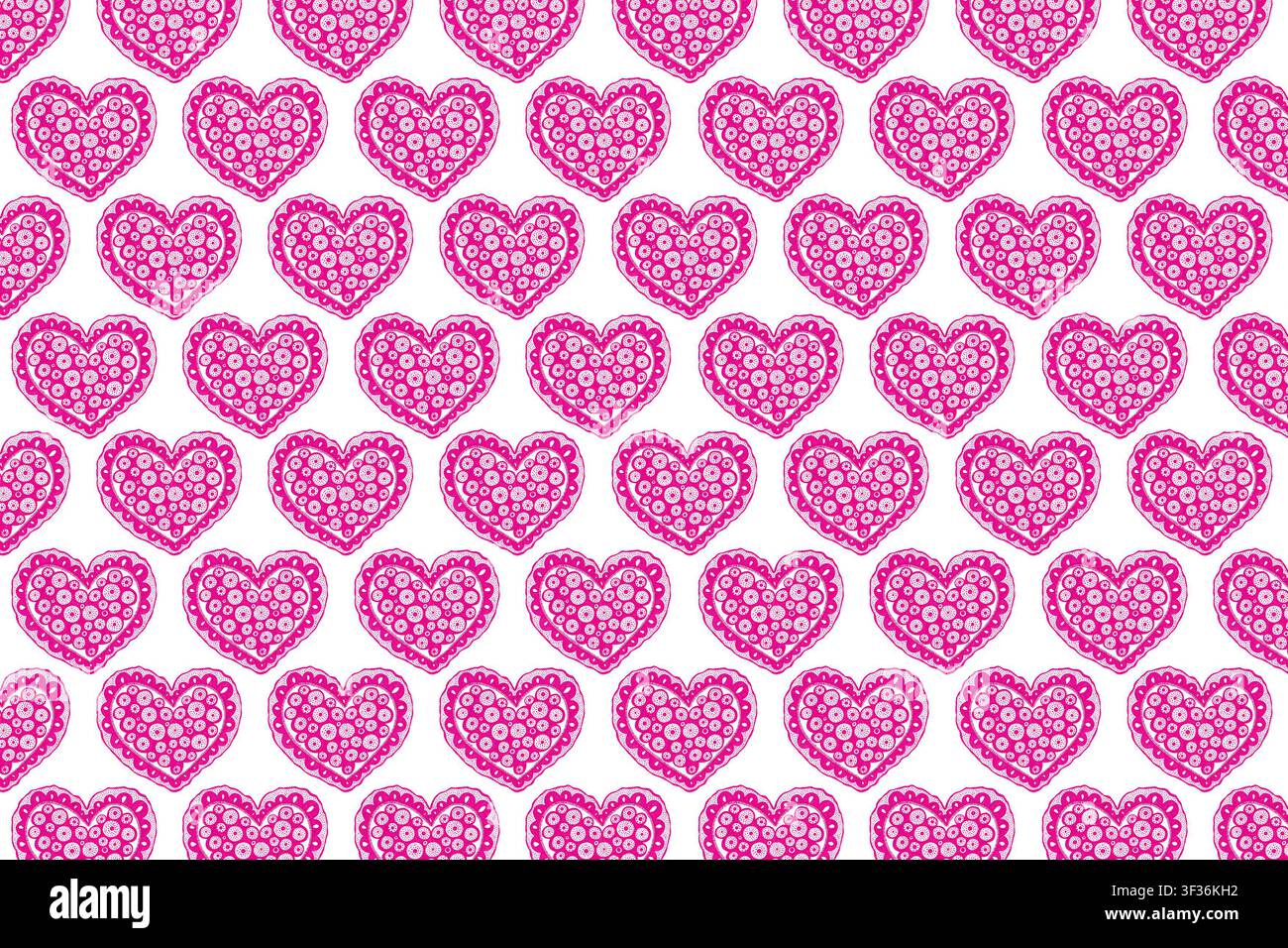 Das Design zeigt eine Reihe von rosa Herzen, die mit weißen Punkten gefüllt sind und in einem Rastermuster auf einem schlichten weißen Hintergrund angeordnet sind. Dieses Muster kann für verschiedene festliche Anlässe verwendet werden. Stockfoto