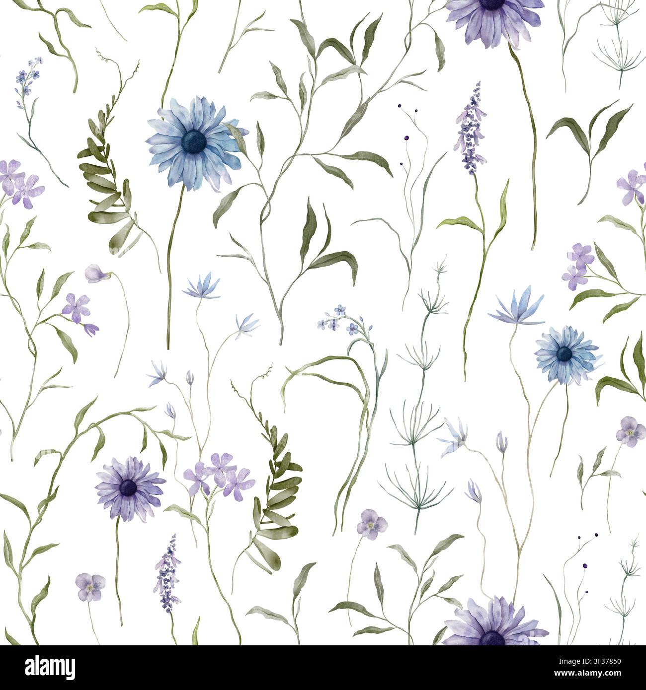 Aquarell nahtloses Muster mit Illustration hellblau und violett Wildblumen Kräuter Blumen - Phlox, Kornblume, Fritillary, Echinacea, Gänseblümchen Stockfoto