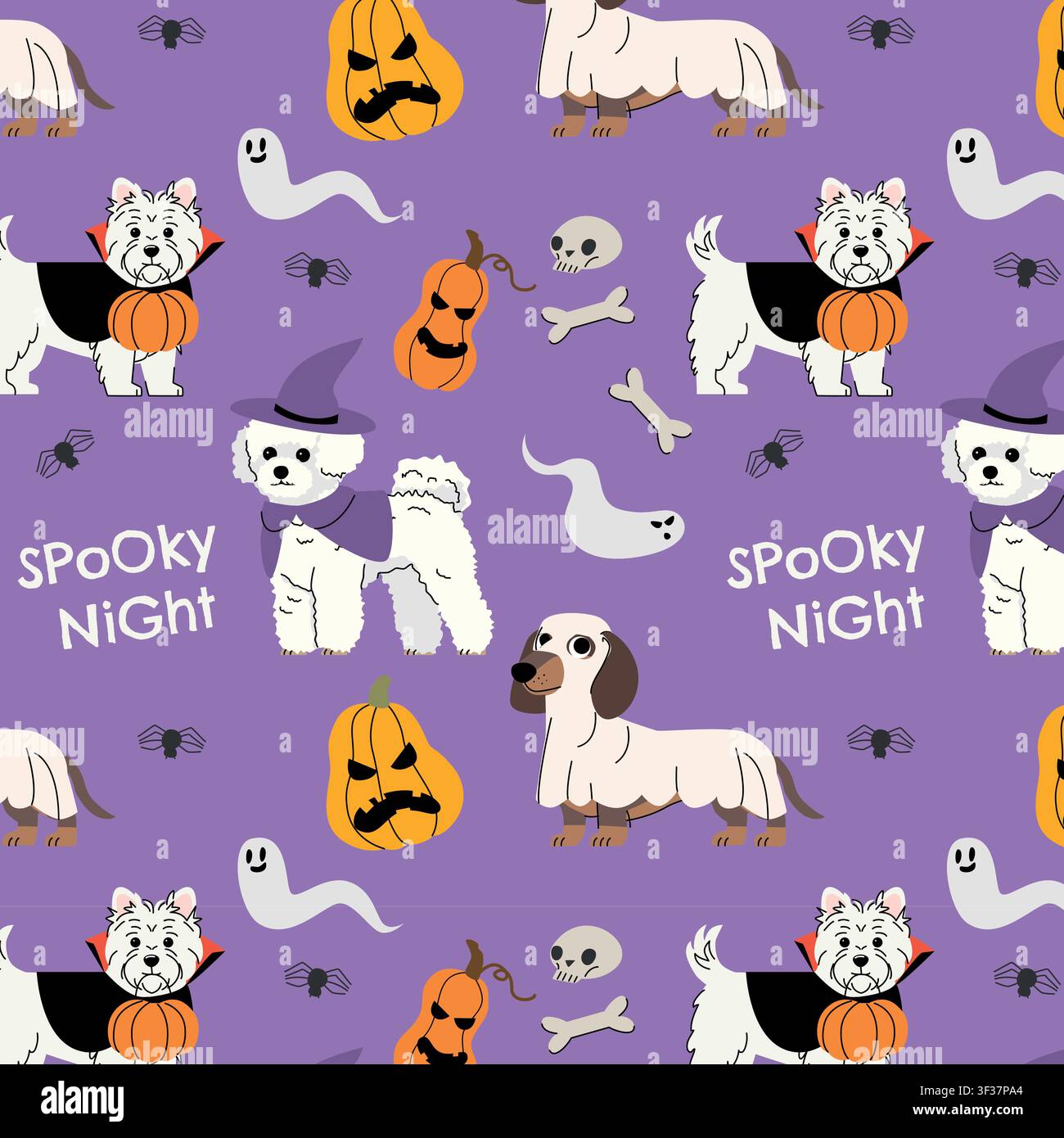 Nahtloses Halloween-Muster mit süßen Hunden in Vampir-, Hexen- und Geisterkostümen, gruseligen Kürbissen, fliegenden Geistern, Spinnen, Schädeln, Knochen und Stock Vektor