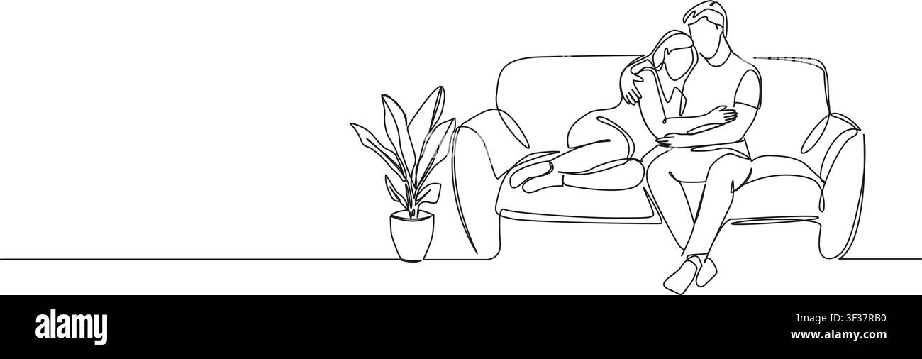 Kontinuierliche Liniendarstellung eines jungen Paares, das zusammen auf dem Sofa entspannt und kuschelt, minimalistische Linienkunst-Vektorillustration Stock Vektor