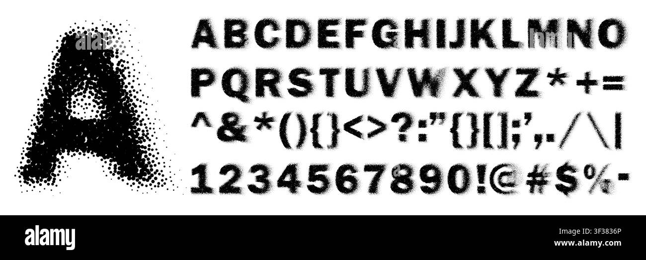 Alphabet-Gradienten-Sprühfarbe, raue Form lateinische Schriftart mit Zahlensymbol. Ziffern mit Schatten, schwarzer Zifferncharakter und englischer körniger ABC. Airbrush Stock Vektor
