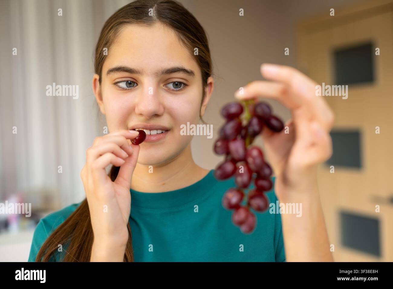 Junge Frau isst rote Trauben im Innenraum. Junge Frau in einem blaugrünen Hemd hält einen Bunch roter Trauben und führt eine Traube zum Mund in sanftem Licht Stockfoto