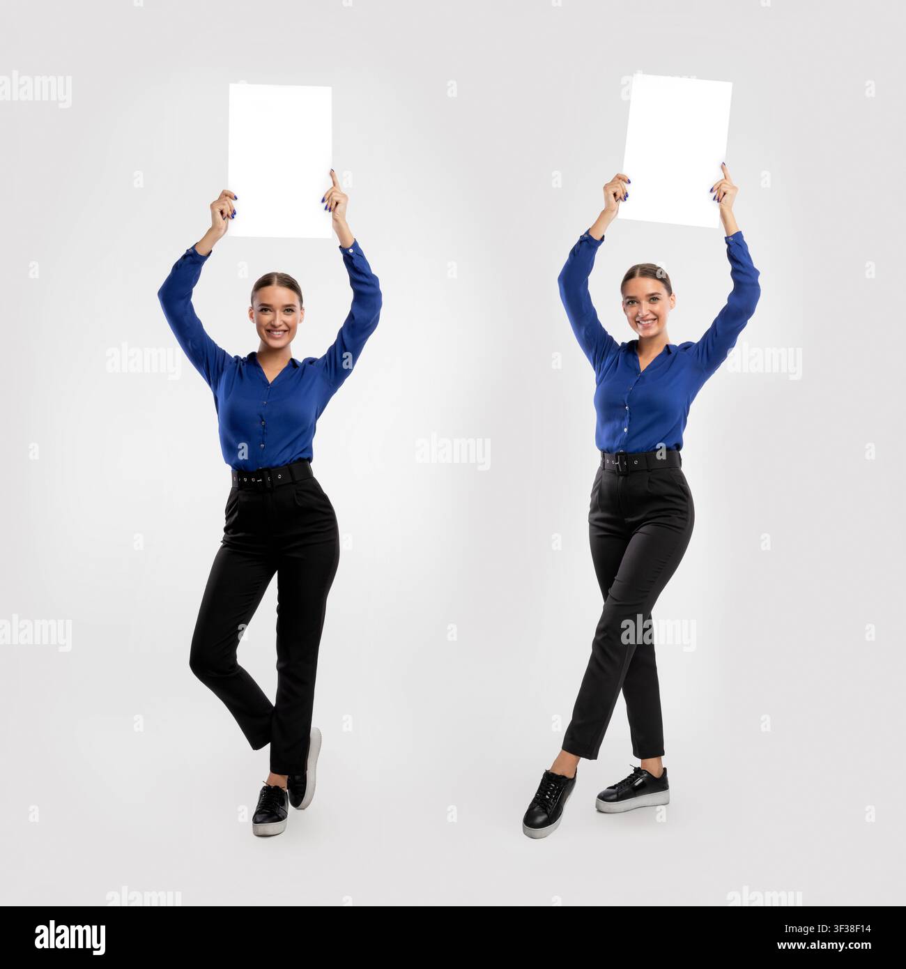 Geschäftsfrau hält leere weiße Werbetafel im Studio, Collage Stockfoto