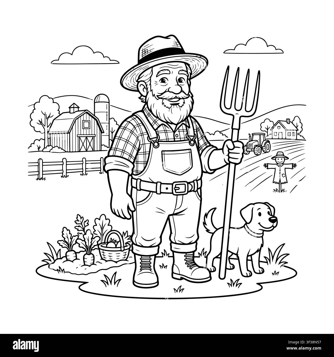 Freundlicher Bauer mit Mistgabel und Hund auf einem Bauernhof, im Stil einer Cartoon-Aufsritts-Malbuchseite. Stock Vektor
