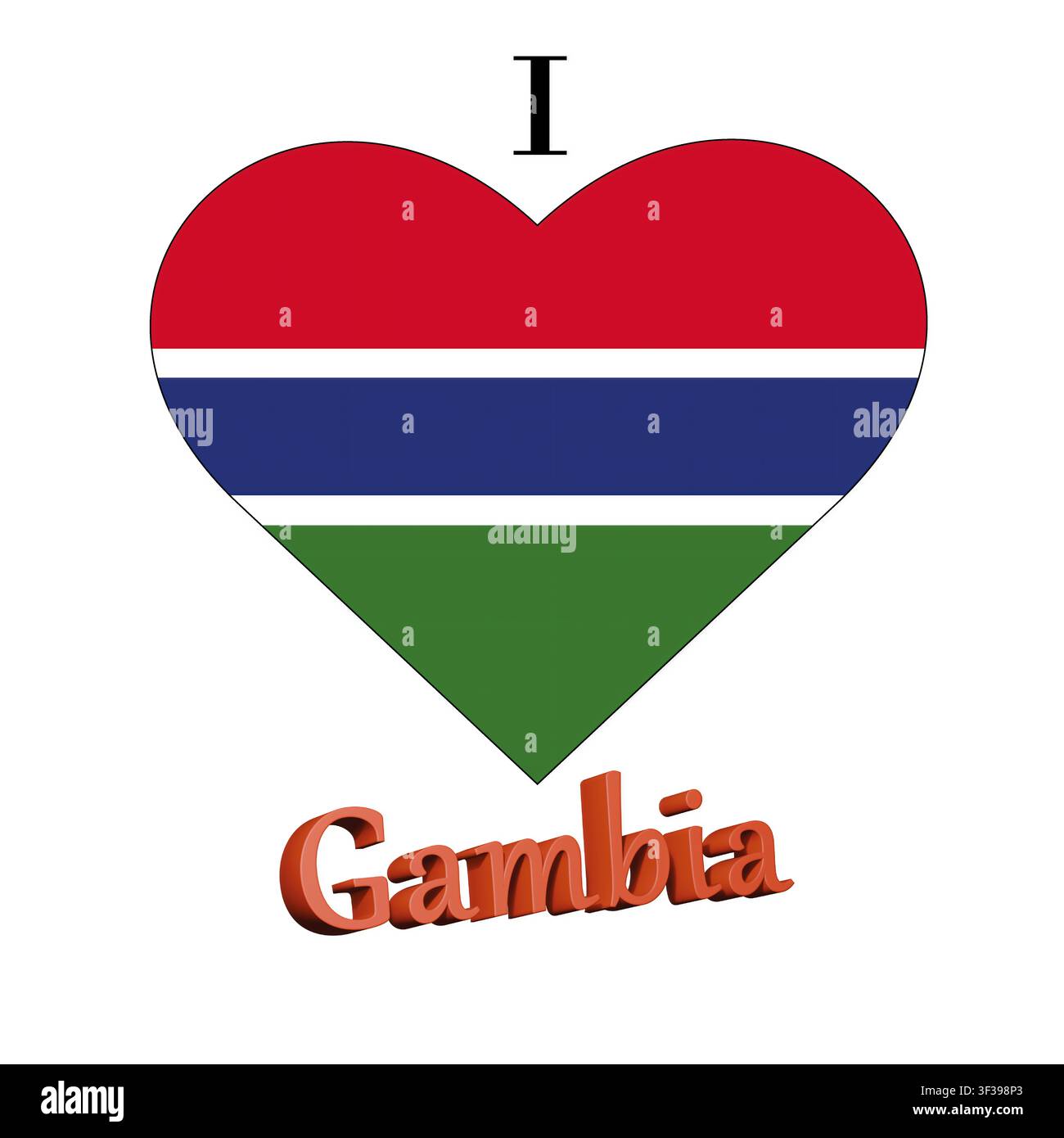 Illustration von I Love Gambia mit einem herzförmigen Schild mit einer Flagge auf weißem Hintergrund Stockfoto
