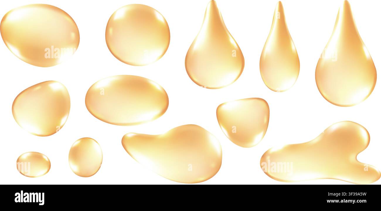 Golden Liquid Drops 3D Set Realistic Honey Oil Drop Serum Glossy Vector Gold Element Collection Stock Vektor