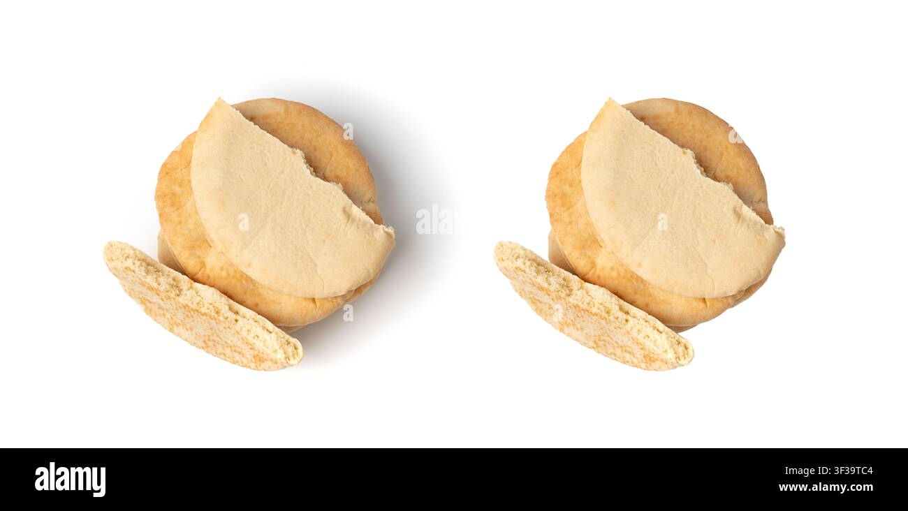 Fladenbrot isoliert, gebrochenes Weizen-Pitta-Fladenbrot, auch bekannt als arabisches Brot, geschnittener Chapati, griechisches Pita-Naan, Khubz oder Tortilla auf weißem Hintergrund Stockfoto