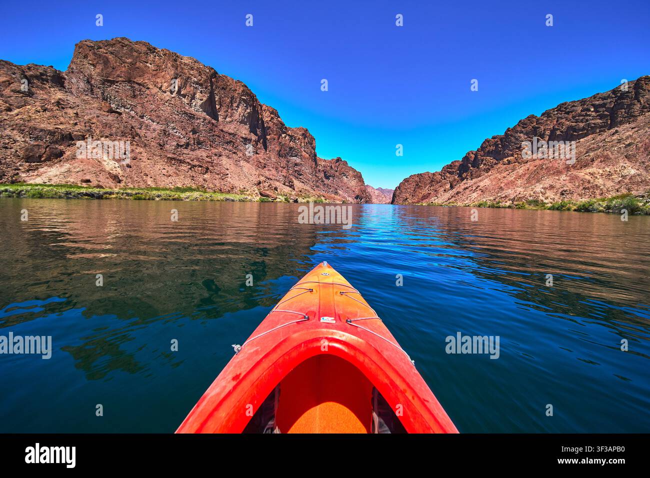 Kajak-Bug und Wüsten-Canyon-Reflexionen auf dem Colorado-River-Abenteuer in Arizona Stockfoto
