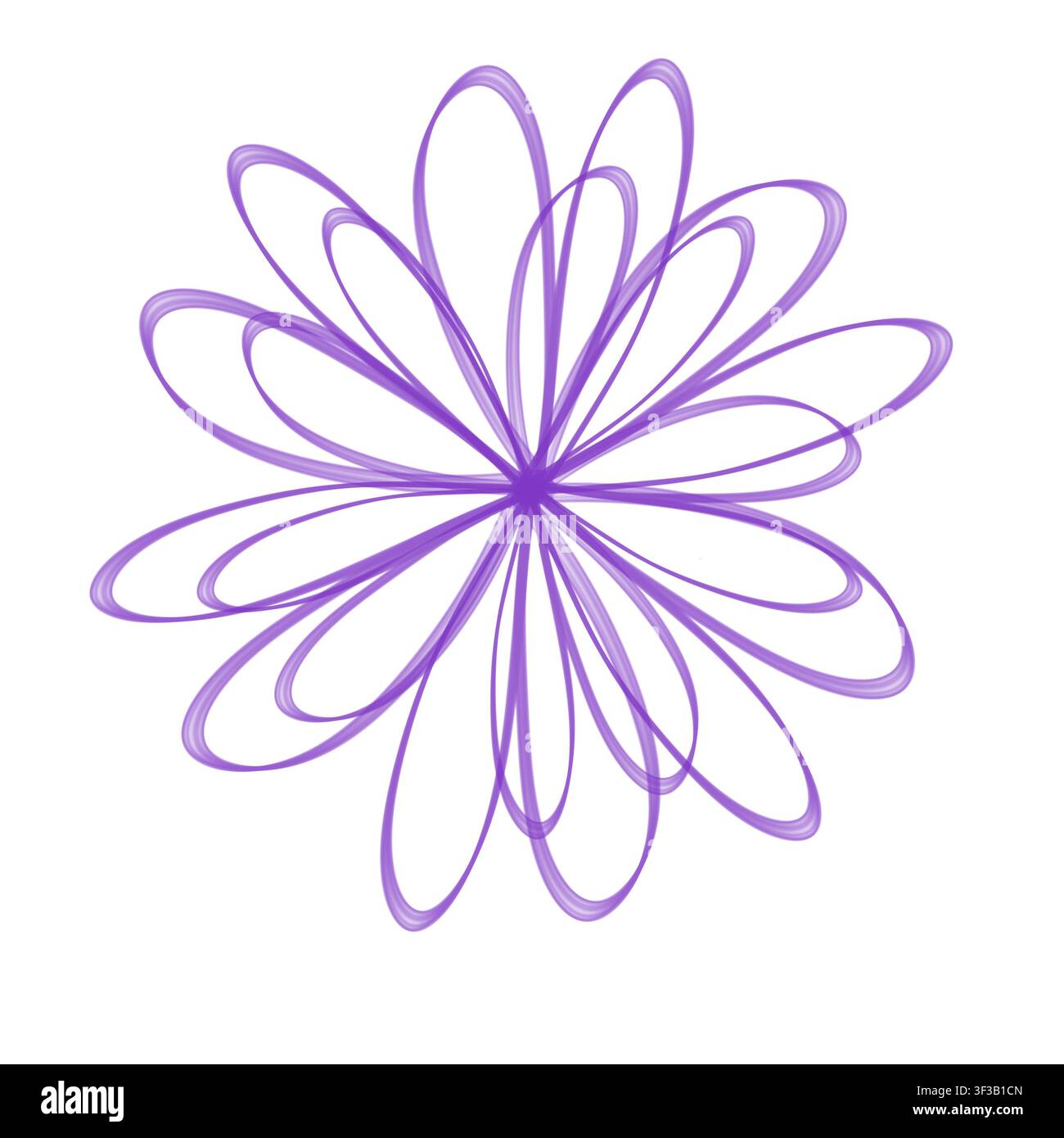 Eine abstrakte Blumenform, die aus sich windenden lila Spirograph-Linien besteht, die von einem zentralen Punkt auf einem weißen Hintergrund ausstrahlen. Stockfoto