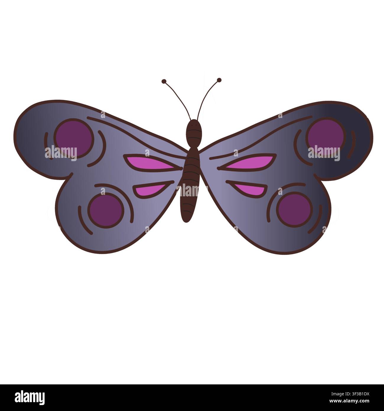 Eine digitale Illustration eines lila Schmetterlings mit detaillierten Farbverlauf-Flügeln, kreisförmigen Punktmustern und rosa Akzentmustern. Stockfoto
